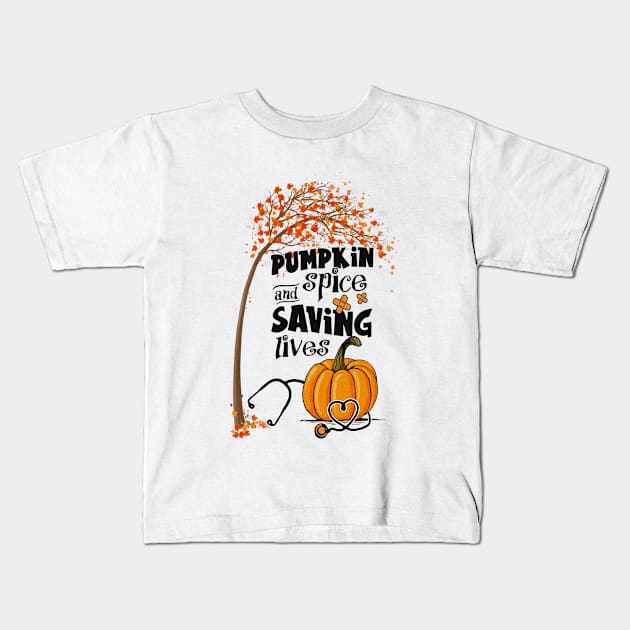 Pumpkin and Spice Saving Lives Kids T-Shirt by little.tunny